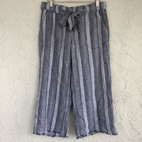 CASLON Linen Stripe Crop Pants Belted Waist Fringe Hem Beachy Small Petite - Picture 2 of 9